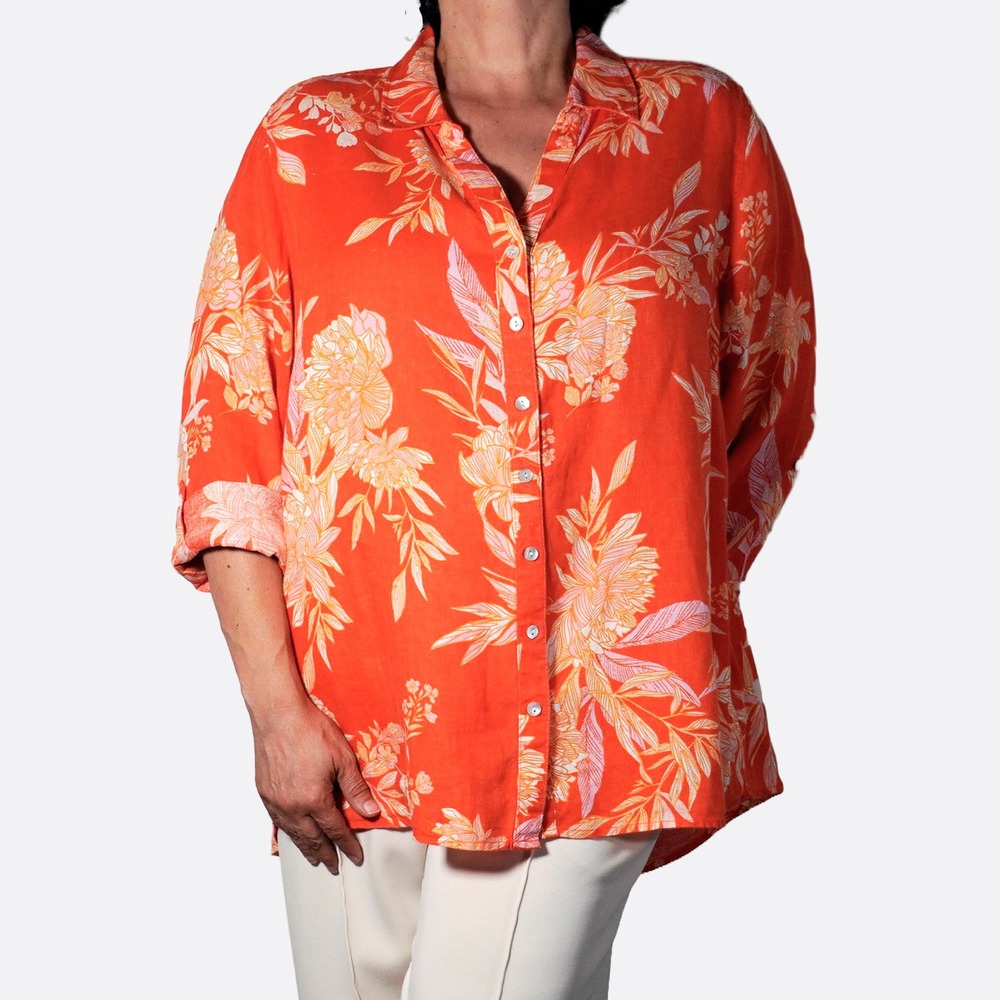 Cynthia Rowley 100% Linen Button Down Shirt Orange Floral Blouse Plus 2X 3X